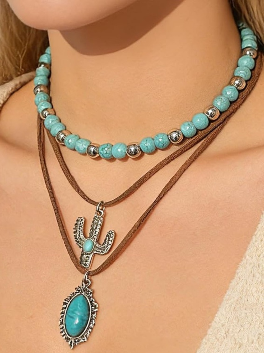 New Turquoise & Silver Layered Bead and Pendant Necklace Set